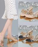 Comemore Summer Womens 2022 Trends Bow Crystals Medium Heel Sandals Clear Heels Slippers Transparent Ladies Shoes Free 