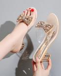 Comemore Summer Womens 2022 Trends Bow Crystals Medium Heel Sandals Clear Heels Slippers Transparent Ladies Shoes Free 