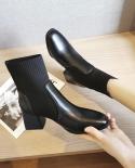 Comemore 2022 Autumn Winter Women Knit Elastic Socks Boot Square Toe Chunky Medium Heel Shoes Ankle Chelsea Boots Free S