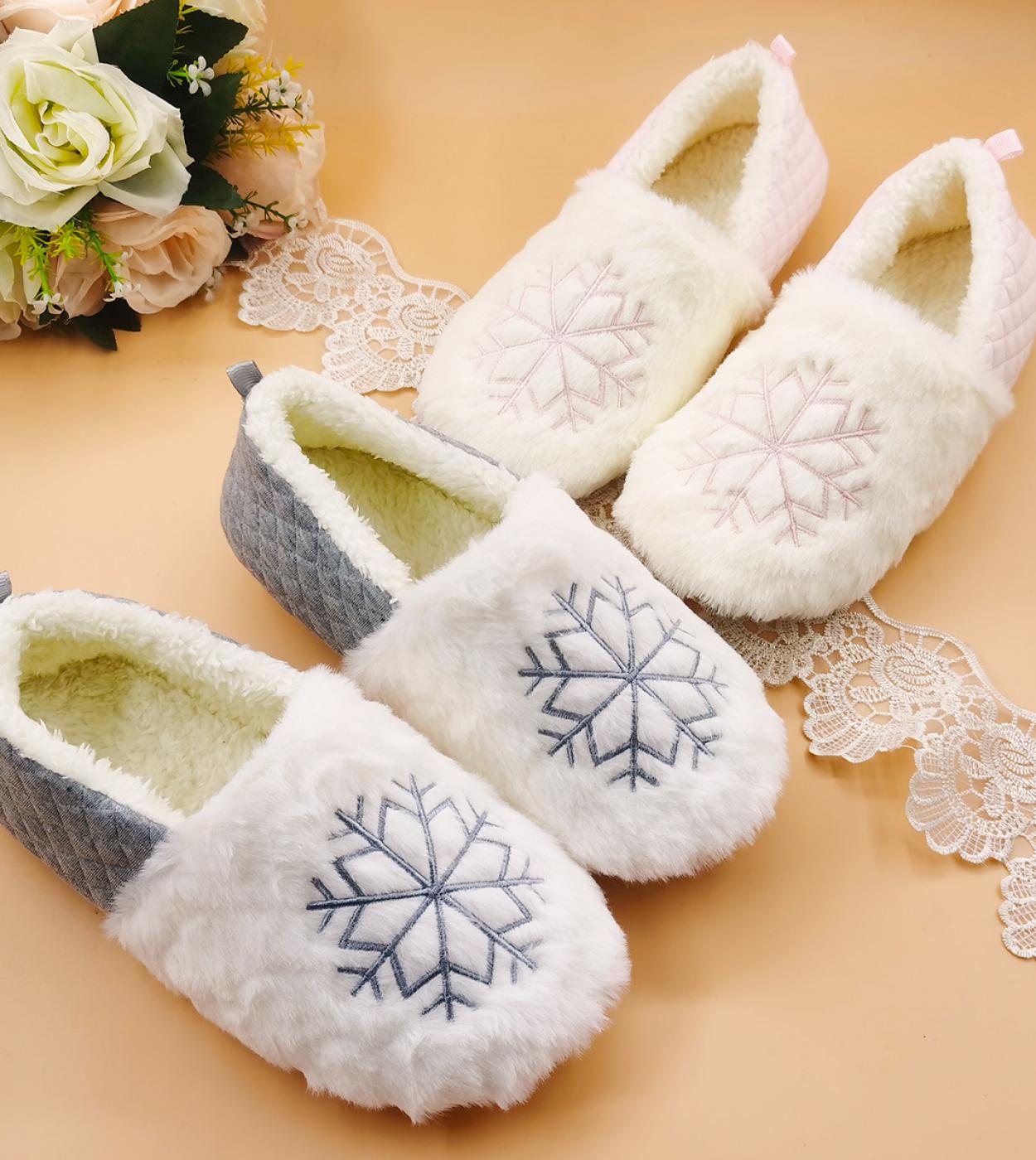 Comemore 2022 Home Winter Slippers Female Christmas Gift Womens Embroidered Plush Shoes Snowflake Comfort Flats Flip Fl