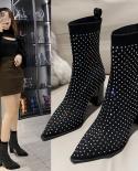 Comemore Women Pointed Toe High Heels Stretch Fabric Boots Femme Brethable Knitting Ankle Boot Womens Heeled Shoe Zapat
