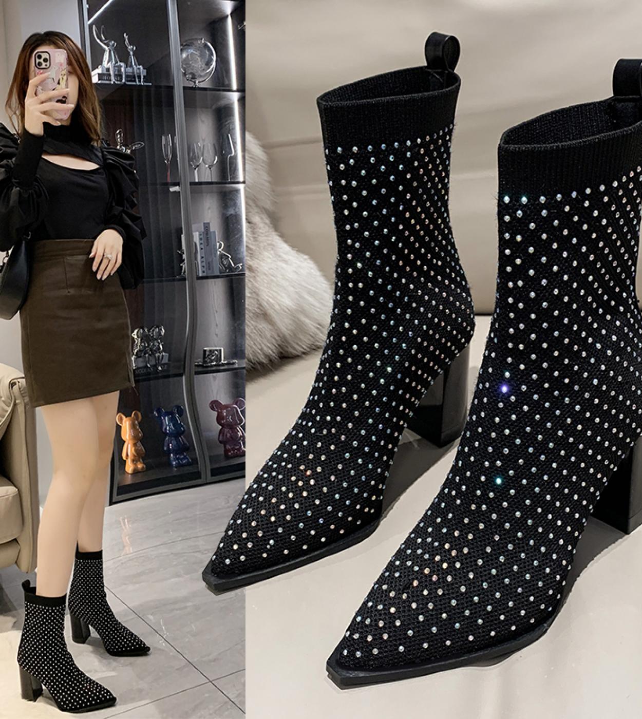 Comemore Women Pointed Toe High Heels Stretch Fabric Boots Femme Brethable Knitting Ankle Boot Womens Heeled Shoe Zapat
