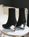 Comemore Metal Heels Socks Boots Women Stretch Fabric Elastic Stilettos Heel Pointed Toe Ankle Boots Ladies Shoes Woman 