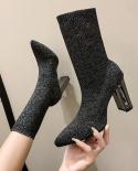 Comemore Metal Heels Socks Boots Women Stretch Fabric Elastic Stilettos Heel Pointed Toe Ankle Boots Ladies Shoes Woman 