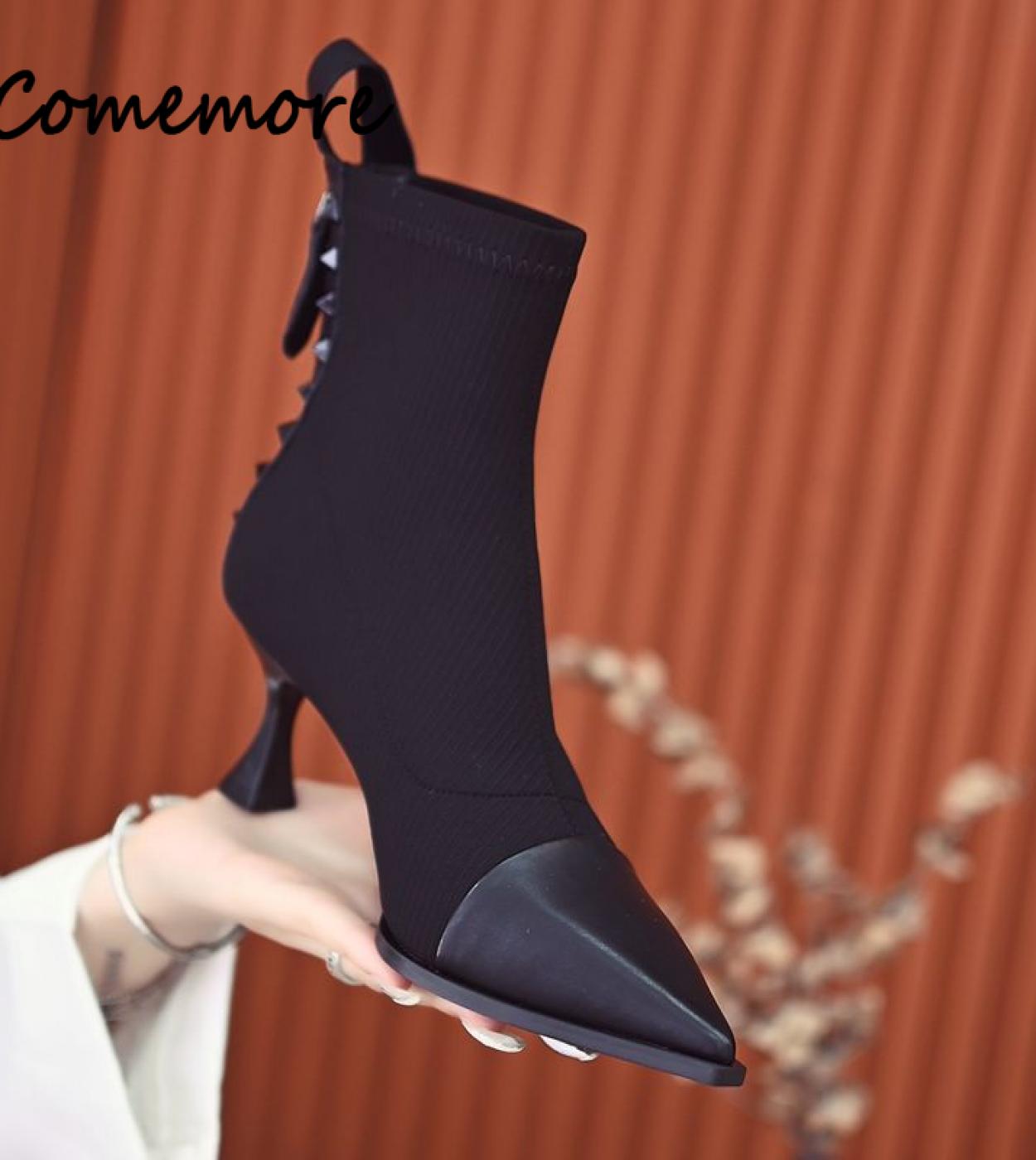 Comemore Stretch Socks Boots 2023 Women Autumn Winter New Fashion Pointed Toe Zipper Boot Retro Stitching High Heels Wom