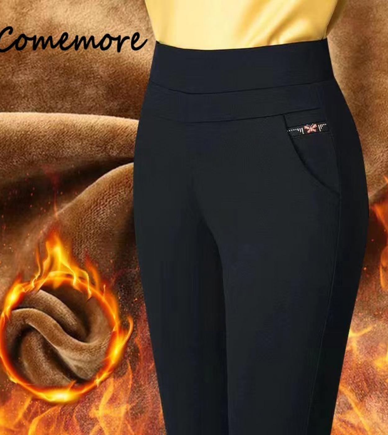 Comemore Warm Straight Pants Pockets High Waist Loose Woman Casual Fashion Trousers 2023 Autumn Winter Thicken Plus Size