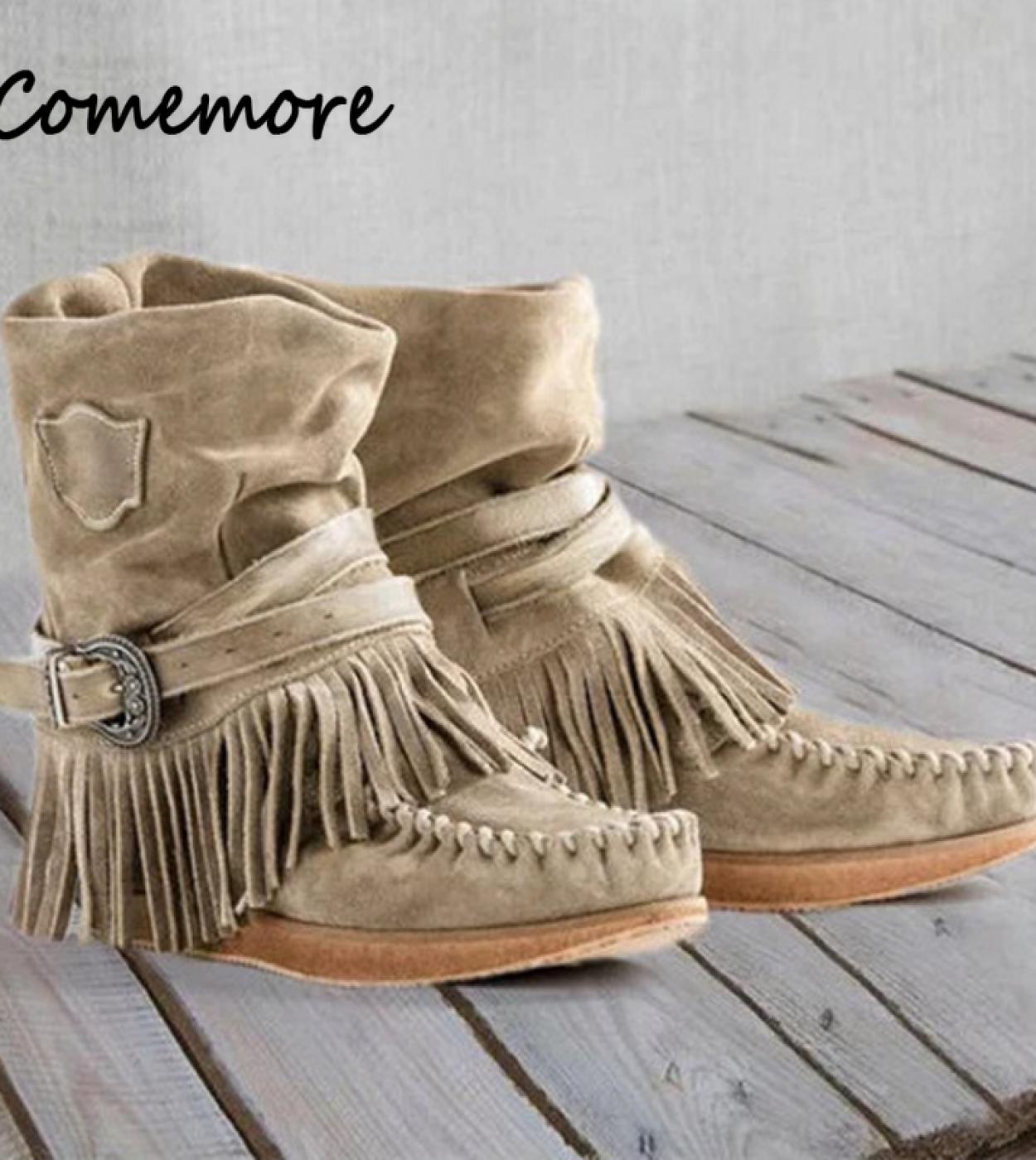 Comemore Women Tassel Ankle Boots 2023 Womens Sewing Warm Woman Flats Female Winter Shoes Ladies Casual Footwear Plus S