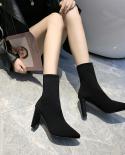 Comemore Simple Fashion Women Ankle Boots Womens High Heels Shoes Knit Skinny Women Pointed Autumn Winter Stretch Socks