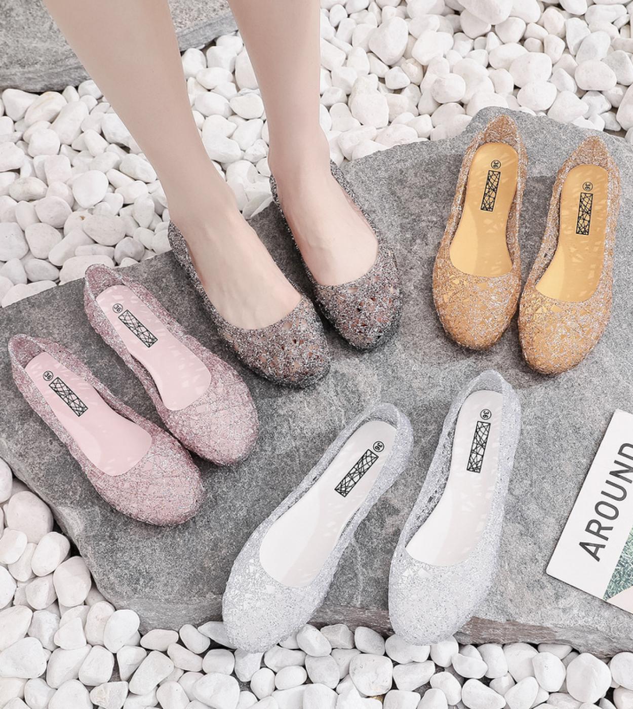 Comemore 2022 Trend Spring Summer Hollow Sandals Shiny Crystal Breathable Casual Womens Flat Pink Jelly Shoes Woman Esp