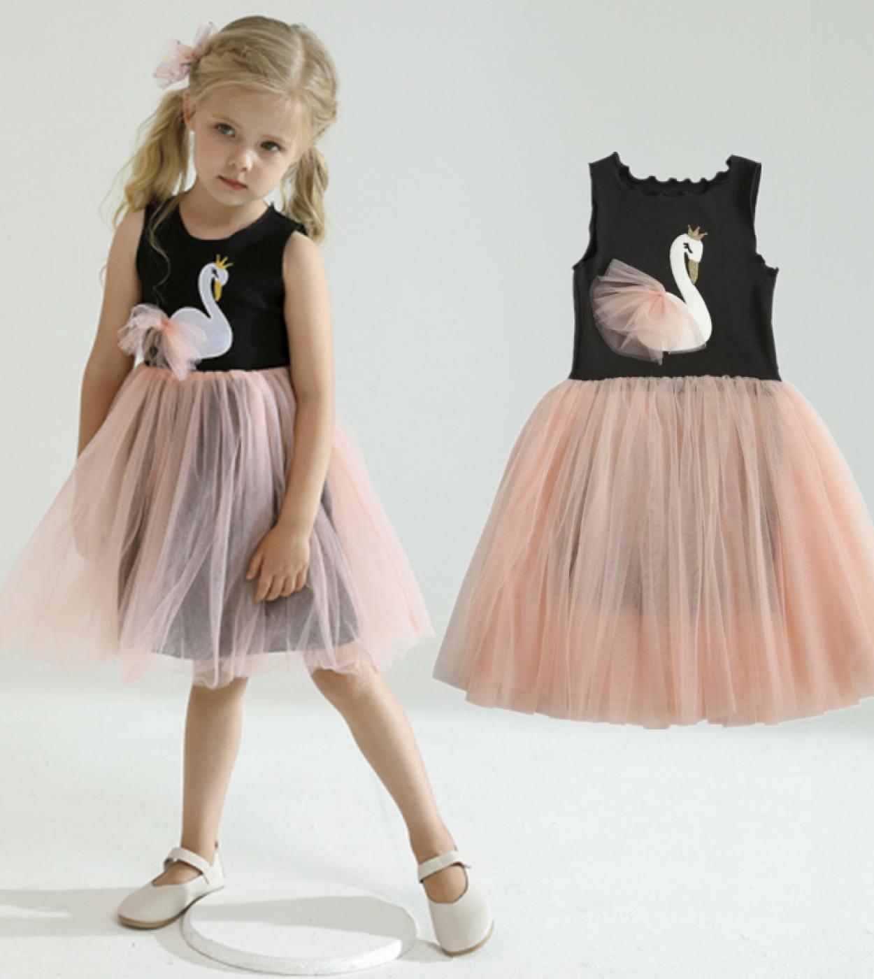 Summer Kids Casual Dress Applique Swan Tutu Dresses Evening Party Wear For Little Girl Lace Skeeveless Clothing For 3 8t