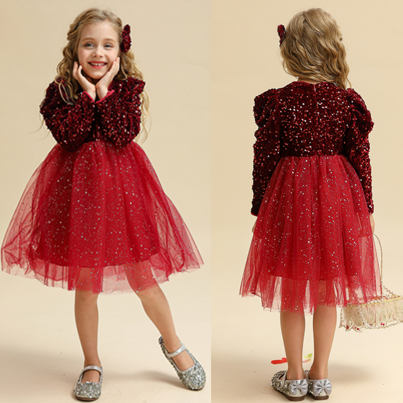 US 21.28 Sequins Shining Girls Dress Full Sleeve Kids Red