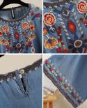  Summer New Arts Style Women Half Sleeve Loose O Neck Tee Shirt Femme Tops Vintage Embroidery Cotton Denim T Shirt V33ts