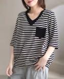  New Arrival Summer  Style Women Casual Short Sleeve Vneck T Shirt Allmatched Striped Cotton Patchwork Tshirt W409  Tshi
