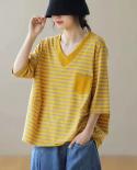  New Arrival Summer  Style Women Casual Short Sleeve Vneck T Shirt Allmatched Striped Cotton Patchwork Tshirt W409  Tshi