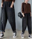 2022 Spring Autumn New New Arts Women Elastic Waist Cotton Denim Harem Pants Vintage Black Loose Ankle Length Jeans C621