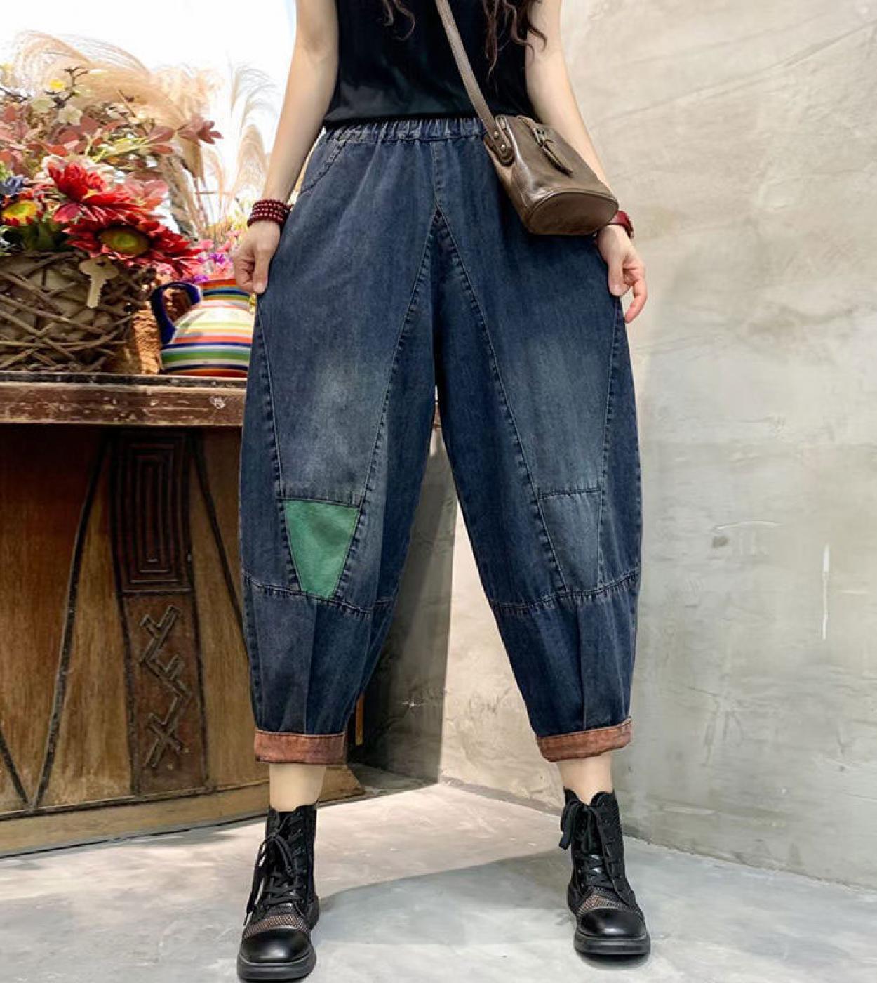  Summer New Arts Style Women Elastic Waist Loose Vintage Jeans All Matched Casual Cotton Denim Harem Pants High Quality 