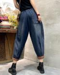  Summer New Arts Style Women Elastic Waist Loose Vintage Jeans All Matched Casual Cotton Denim Harem Pants High Quality 