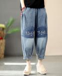 2022 Spring Summer New Arts Style Women Elastic Waist Calf Length Cotton Denim Pants Vintage Embroidery Loose Jeans C541