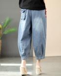 2022 Spring Summer New Arts Style Women Elastic Waist Calf Length Cotton Denim Pants Vintage Embroidery Loose Jeans C541