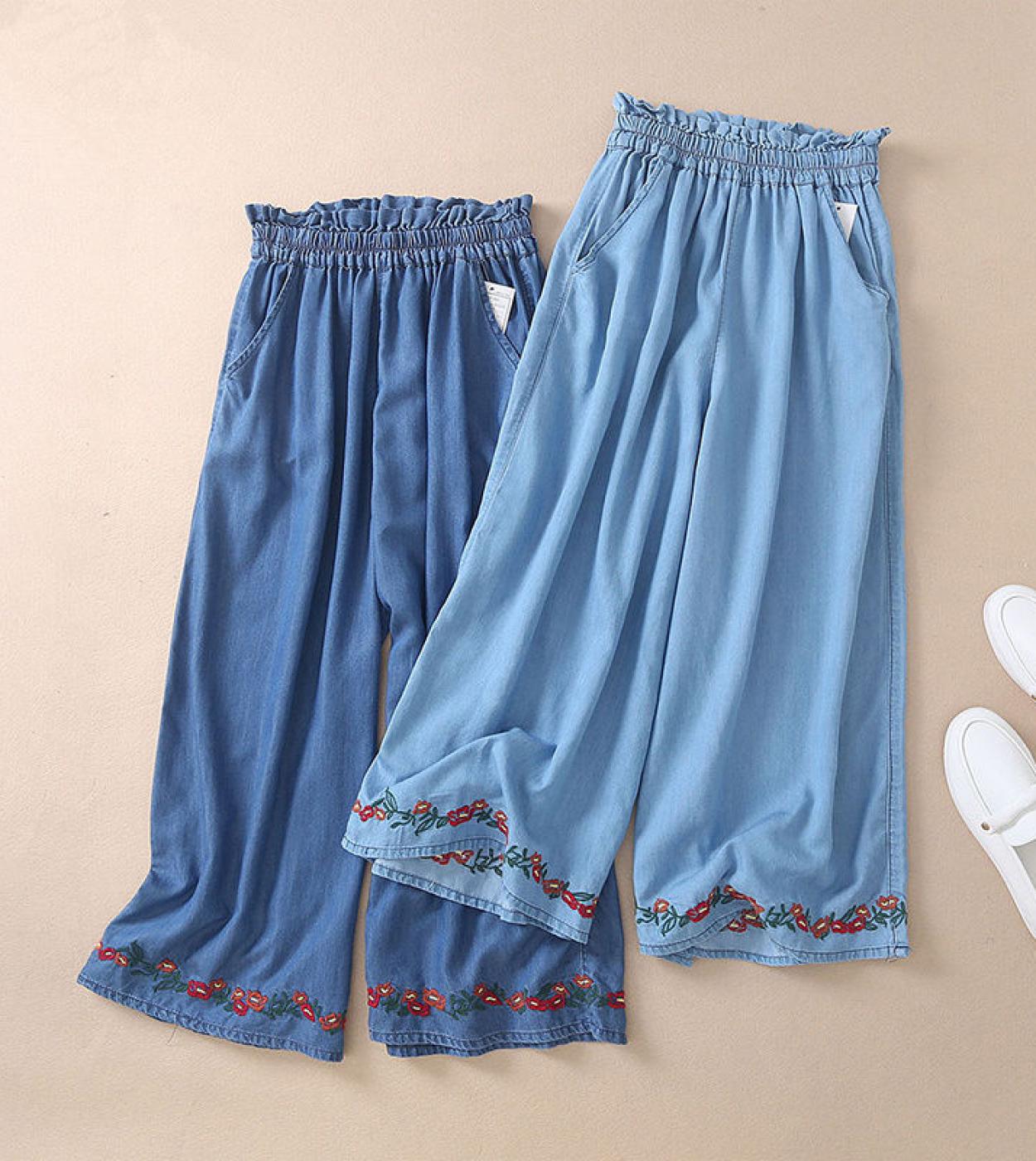 2022 Summer New Arts Style Women Elastic Waist Cotton Denim Wide Leg Pants Vintage Embroidery Flower Loose Casual Jeans 