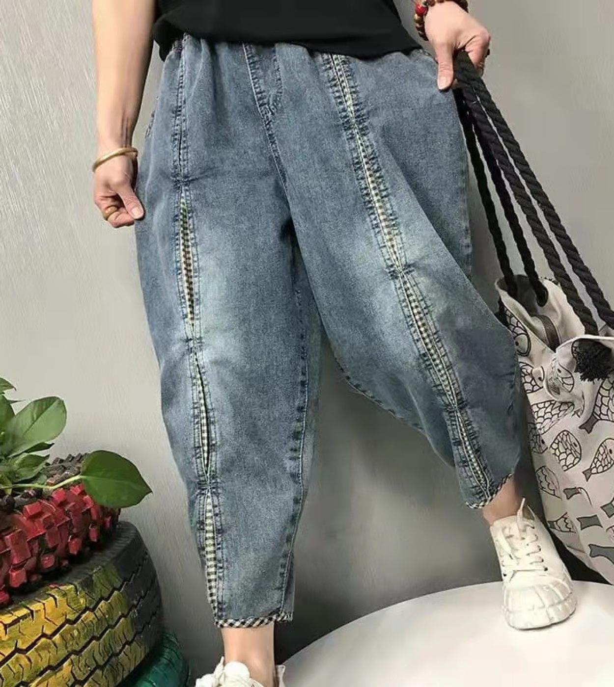  New Arrival Spring Women Loose Casual Elastic Waist Harem Pants All Matched Cotton Denim Patchwork Ankle Length Jeans W