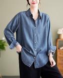 2022 Spring Autumn New Arts Style Women Long Sleeve Turn Down Collar Loose Blouse Tops Vintage Blue Cotton Denim Shirts 