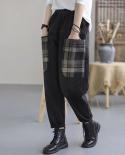 2022 Spring Autumn Women Elastic Waist Casual Cotton Denim Harem Pants Patchwork Plaid Big Pocket Vintage Black Loose Je