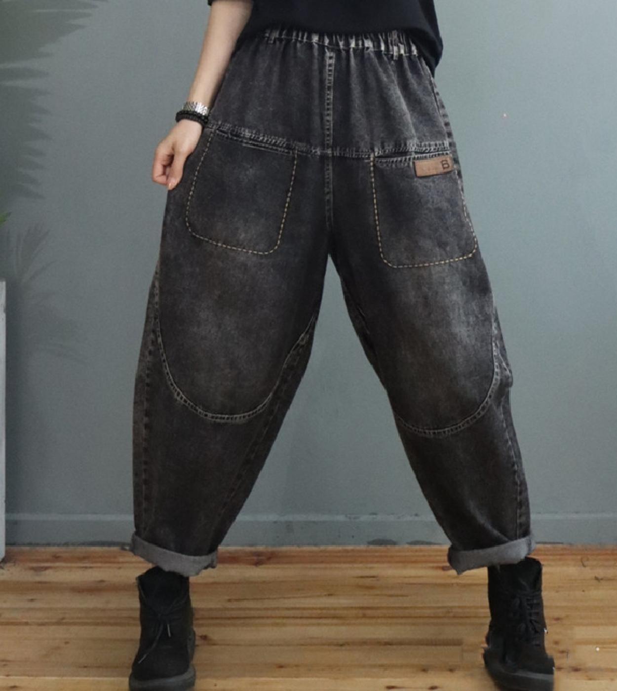 ¡Novedad de primavera 2022! Pantalones bombachos de mezclilla de algodón con cintura elástica para mujer de estilo artístico, pa
