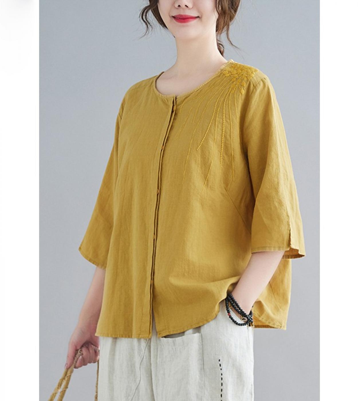New Arrival Summer Arts Style Women Loose O Neck Half Sleeve Blouse Embroidery Cotton Linen Covered Button Casual Shirts