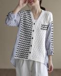 2022 Spring Autumn New  Fashion Women Long Sleeve Loose V Neck Shirt Patchwork Knitted Fabric Casual Striped Blouse C422