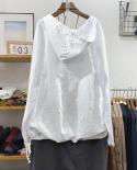  Spring Art Style Women Long Sleeve Loose Tee Shirt Double Pocket Femme Tops 100 Cotton Casual White Hooded T Shirt V31