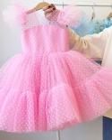 Cute Girl Pink Party Ball Gown Little Girls Dots Birthday Princess Dress Flower Girls Dresses For Wedding Kids New Year 