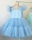 4 10t Girls Fluffy Princess Dress Girl Dots Ruffle Sleeve Tulle Tutu Gown Flower Girls Dresses For Wedding Kids Birthday