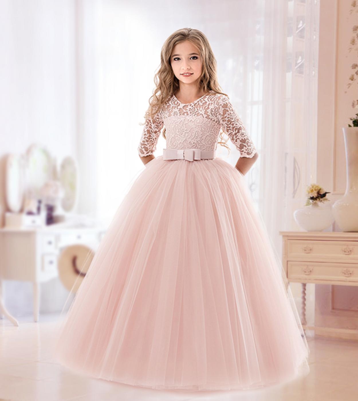 US 18.42 Girl Pink Lace Flower Princess Dress Kids Half Sleeve New