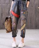 Spring Fashion Women Vintage Embroidery Jeans Elastic Waist Loose Hole Denim Harem Pants Ladies Patched Pants Top Qualit