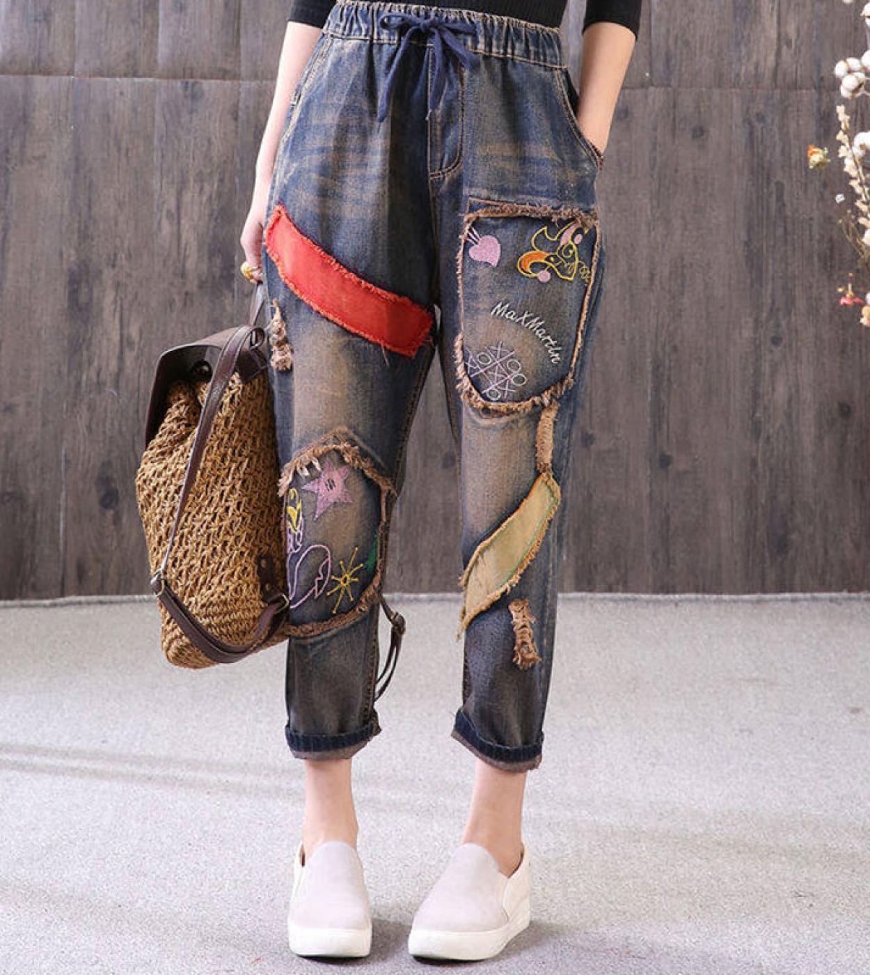 Spring Fashion Women Vintage Embroidery Jeans Elastic Waist Loose Hole Denim Harem Pants Ladies Patched Pants Top Qualit