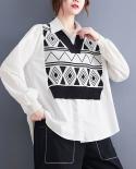 Autumn  Fashion Women Long Sleeve Loose Turn Down Collar Casual Shirts Fake Two Piece Patchwork Blouse Female Tops V487s