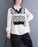 Autumn  Fashion Women Long Sleeve Loose Turn Down Collar Casual Shirts Fake Two Piece Patchwork Blouse Female Tops V487s