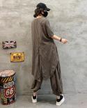Summer New Arts Style Women Asymmetry Vintage Striped Tee Shirt Two Piece Sets Elastic Waist Cotton Linen Loose Harem Pa