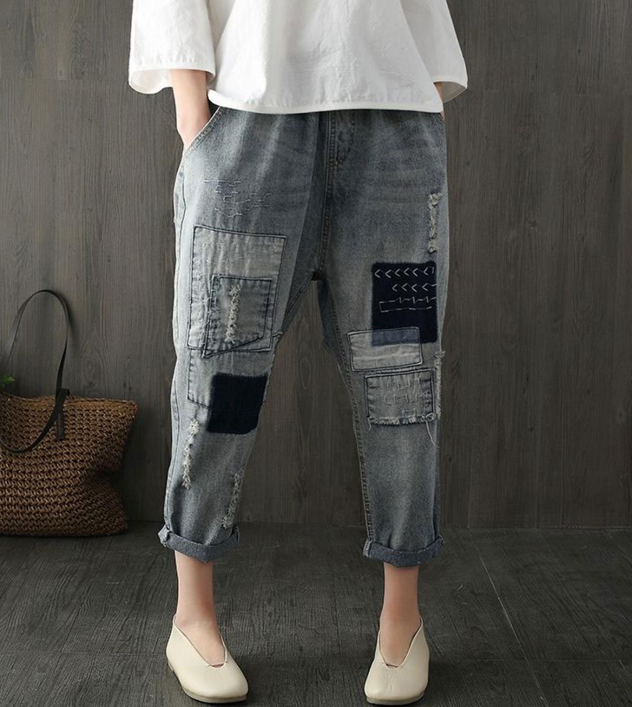 Spring New Fashion Women Jeans Loose Elastic Waist Denim Harem Pants Patchwork Letter Embroidery Vintage Patched Pants D