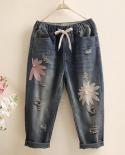 Spring New Fashion Women Jeans Loose Elastic Waist Denim Harem Pants Patchwork Letter Embroidery Vintage Patched Pants D