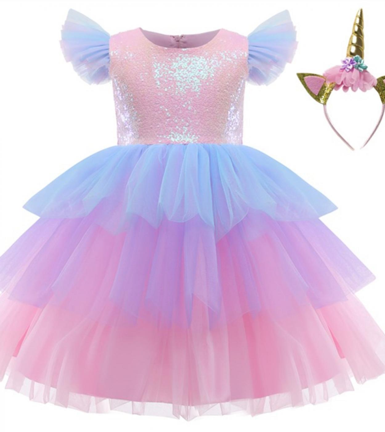 Summer Unicorn Dresses For Girls Costume Princess Dress Rainbow Sequin Kids Birthday Party Children Flower Wedding Gown 