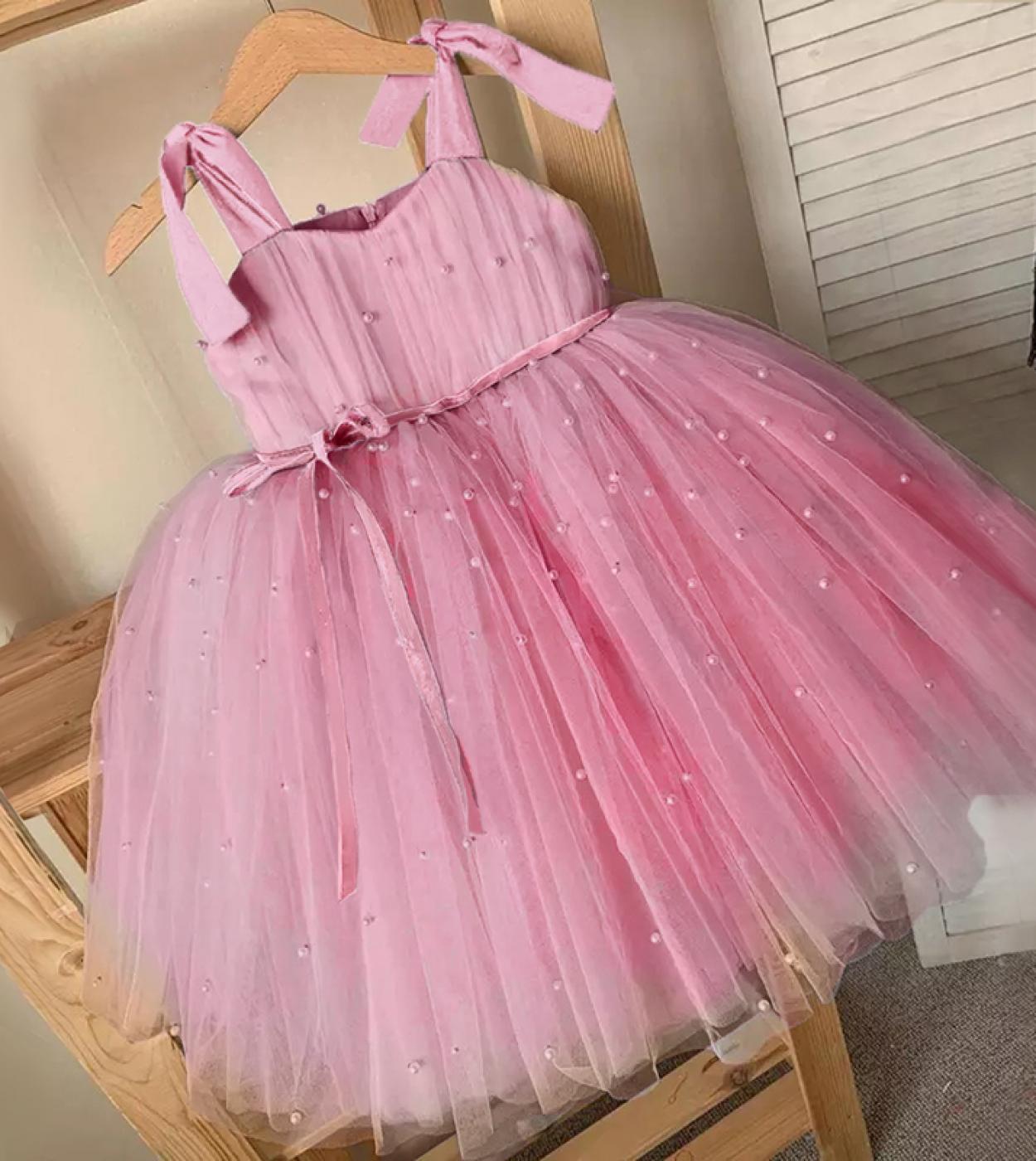 Summer Girl Tulle Dress Princess Party Tutu Fluffy Pearl Dress Kids Wedding Evening Gown Children Clothing Baby Clothes 