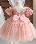 Cute Baby Girl One Year Birthday Party Tutu Ball Gown Babi Pink Princess Dresses 12m Newborn Flower Big Bow Sequined Clo