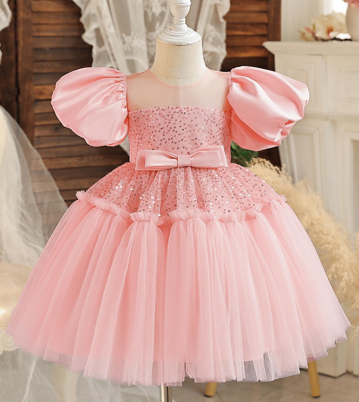 Baby Girl Birthday Bow Fluffy Dress 12m Infant Pink Sequin Baptism Tutu Gown Flower Girl Wedding Costume Kid Puff Sleeve