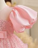 Baby Girl Birthday Bow Fluffy Dress 12m Infant Pink Sequin Baptism Tutu Gown Flower Girl Wedding Costume Kid Puff Sleeve