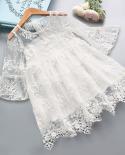 Girl Pink Lace Floral Princess Dress Girls Embroidery Flower Flare Sleeve Clothes Cute Bithday Party Wedding Ceremony Co