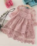 Girl Pink Lace Floral Princess Dress Girls Embroidery Flower Flare Sleeve Clothes Cute Bithday Party Wedding Ceremony Co