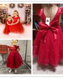 Toddler Girl Red Christmas Princess Dress 12m Baby Girl One Year Birthday Party Tutu Gown Newborn Babe Bow Beading Xmas 