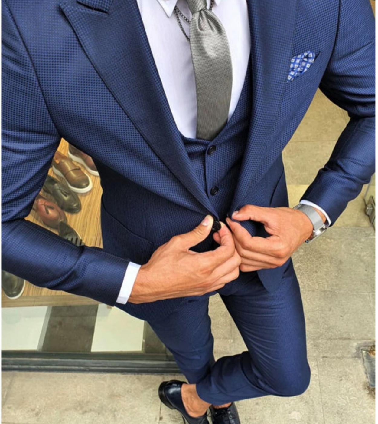 Dark Blue Slim Fit Mens Suits Fashion Style Wedding Blazer Sets Casual Coat Design 3 Pieces Jacketpantsvest Terno Mas